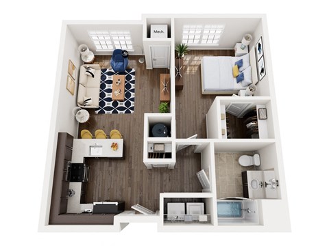 Floor plan for 1 bed, 1 bath, 751 sqft